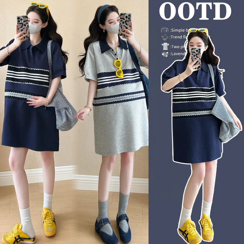 

2025 Summer Maternity Dress Cotton Blend Stripe Trim Polo Collar Dress Slim Fit Breathable Pregnancy Outfit for Expecting Moms