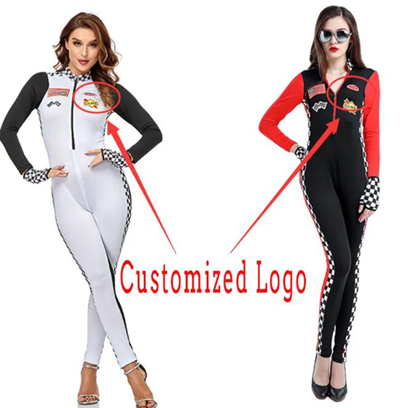 

Customized Logo Team Apparel Racing Jumpsuit Sexy Lady Racer Cosplay Halloween Costume Race Car Driver Costumes Long Sleeves