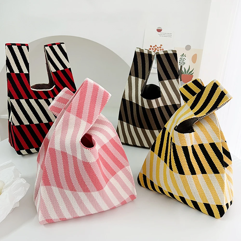 Handmade Knit Handbag Women Mini Knot Wrist-bag Female Casual Color Wide Stripe Plaid Tote Bag Student Reusable Shopping Bag