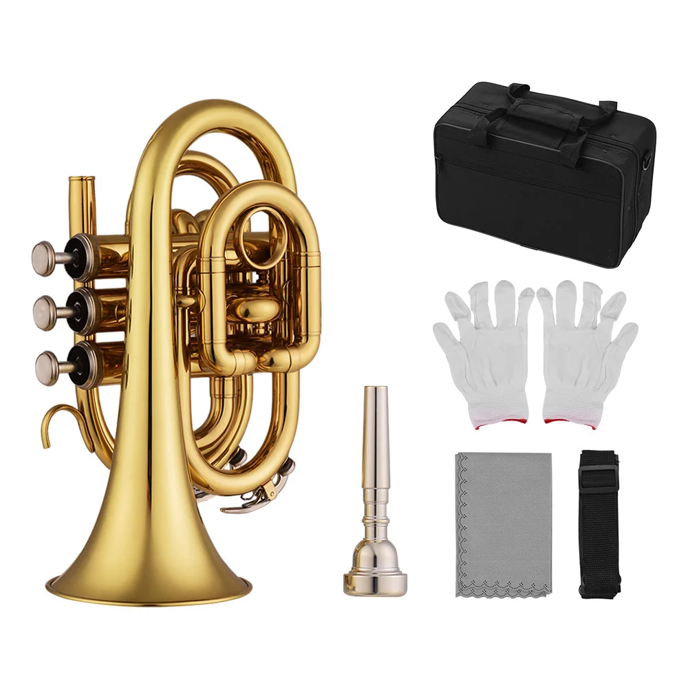 Mini Pocket Trumpet Bb Flat Brass Material Wind Instrument with Mouthpiece Gloves Cleaning Cloth Carrying Case