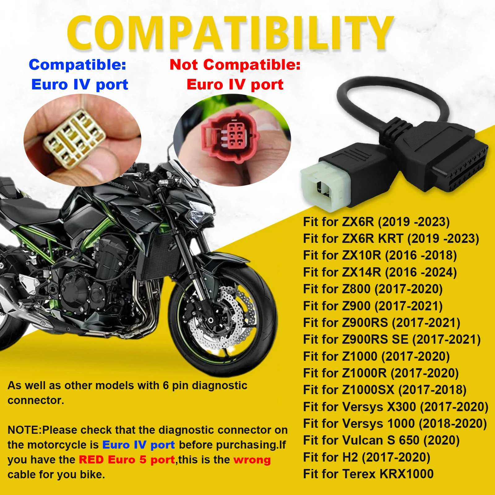 كابل تشخيص Obd لـ Kawasaki 6 Pin إلى 16 Pin Obdii موصل محول لـ Z900RS/Z800/Z900/Z1000/ZX10R/ZX14R/H2 دراجة نارية #2