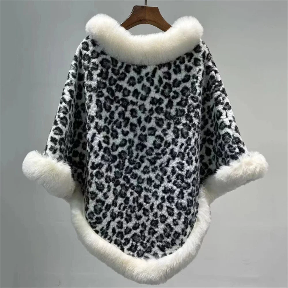 2024 leopardo o-collo velluto granulare sciolto donna inverno pelliccia sintetica mantello manica a pipistrello moda lavorato a maglia mantello