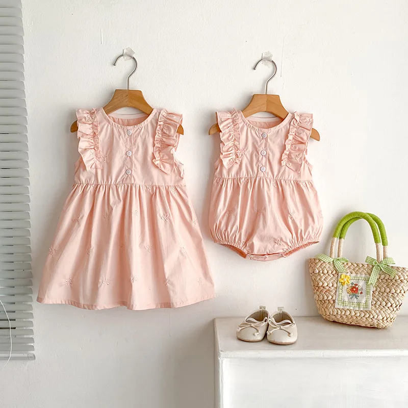 

2026 Summer Girls Dress Butterfly Embroidery Vest Dress Baby Romper Dress Cute Sister Matching Outfits for Kids Toddler