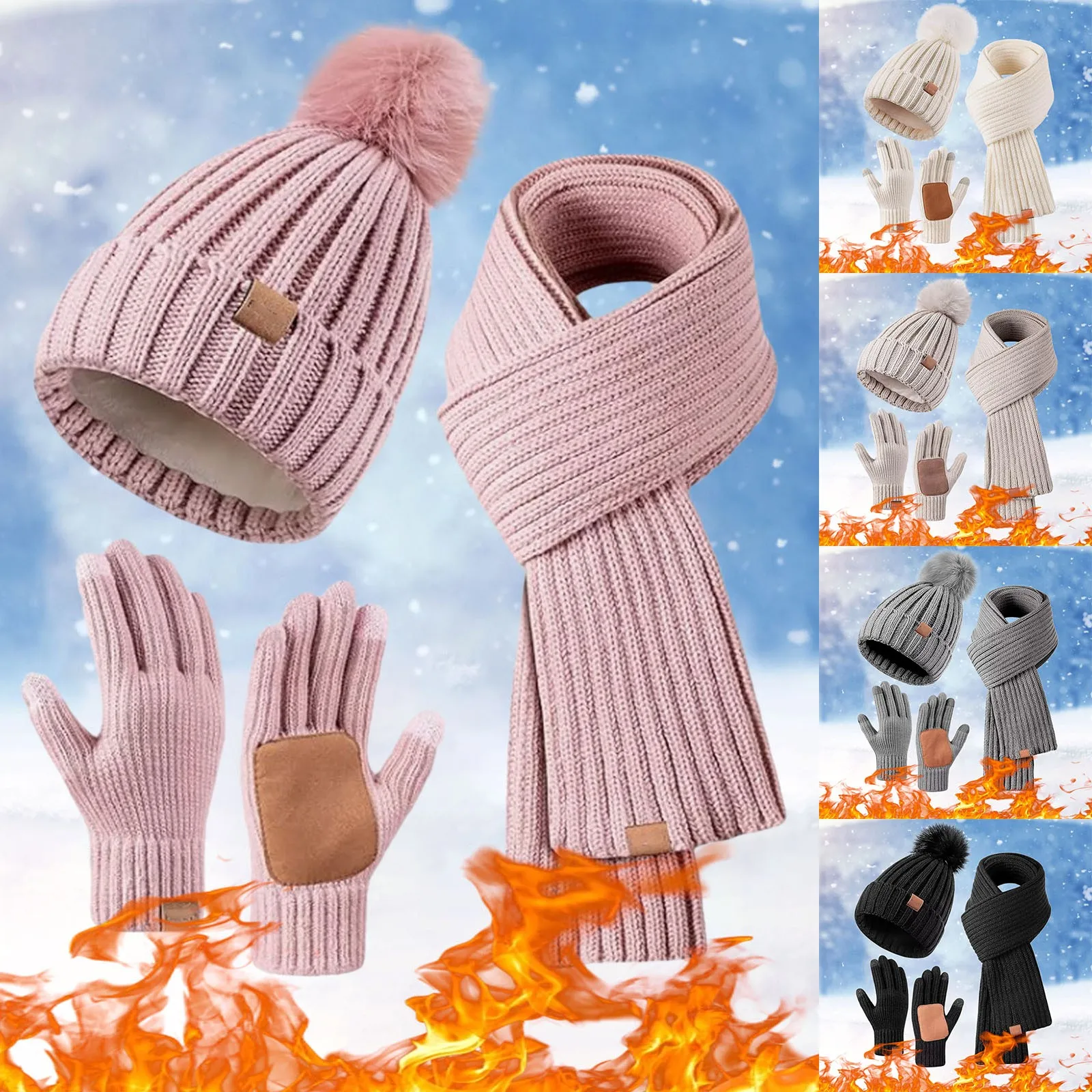 Unisex Black Hat Scarf Gloves 3pcs Set for Men Outdoor Warmer Scarf Hat Winter Women's Plush Beanie Cap Touch Screen Gloves Set