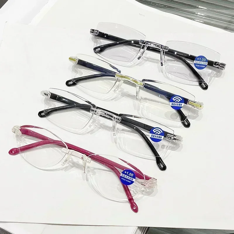 Gafas de lectura con luz azul y Zoom inteligente, gafas para presbicia sin marco con borde de corte, gafas para presbicia para hombres y mujeres
