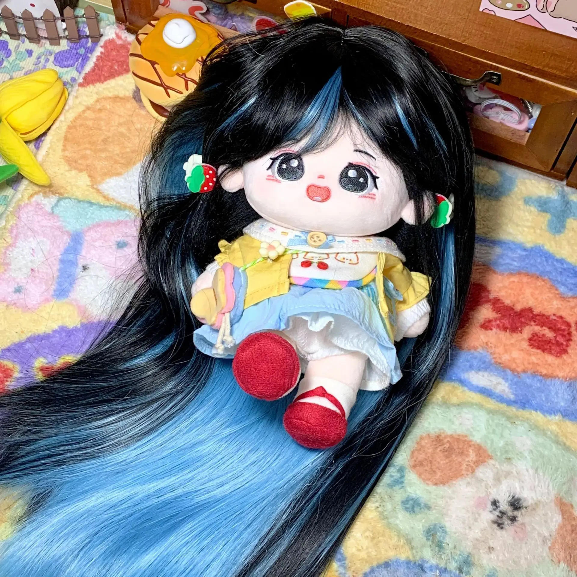 20cm Cotton Doll Wig High Temperature Long Straight Hair Pink/Blue Highlights Hair Wig With Bangs Doll Wig Doll Accessories