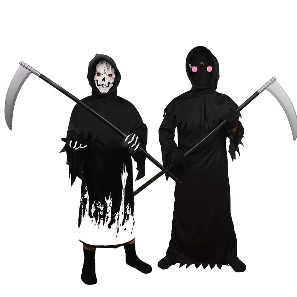 2‑Style Grim Reaper Cosplay Costume Black Hooded Robe With Scythe Prop Skeleton Mask Gloves Halloween Carnival Fancy Dress Outfi