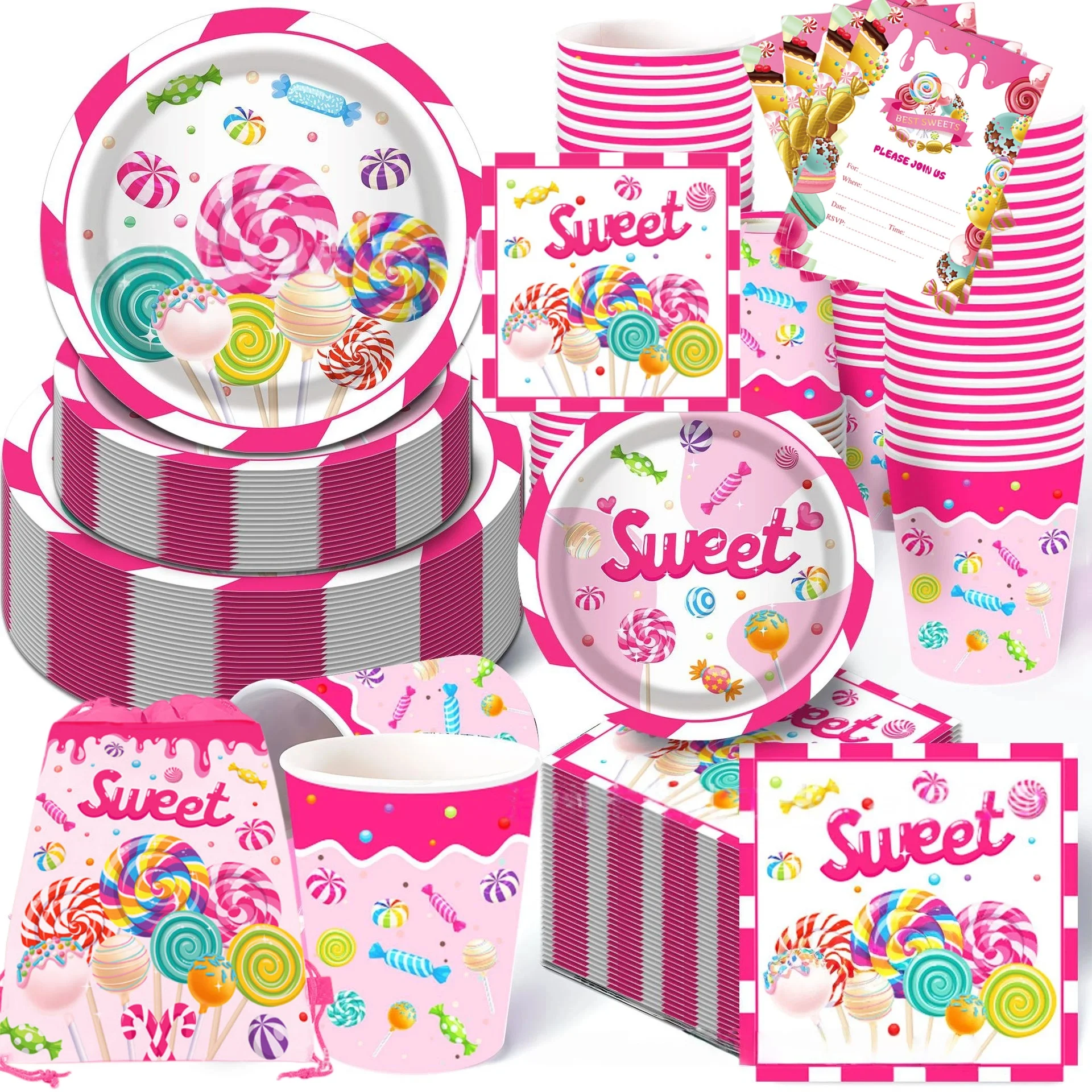 Kit de Fiesta Lollipop: Vasos de Papel, Platos, Servilletas, Bolsas de Dulces, Decoración para Bar, Decoración para Baby Shower, Mantel, Decoración para Fiesta de Cumpleaños Infantil