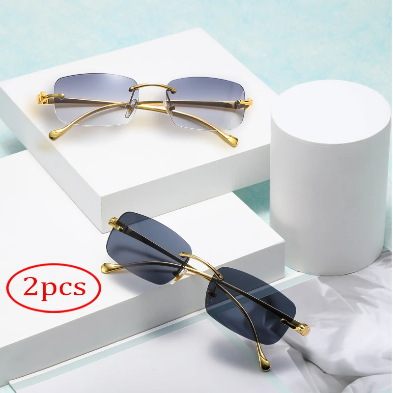 2 قطعة نظارات شمسية مربعة عصرية بدون إطار للرجال والنساء نظارات شمسية معدنية فاخرة للسفر والقيادة