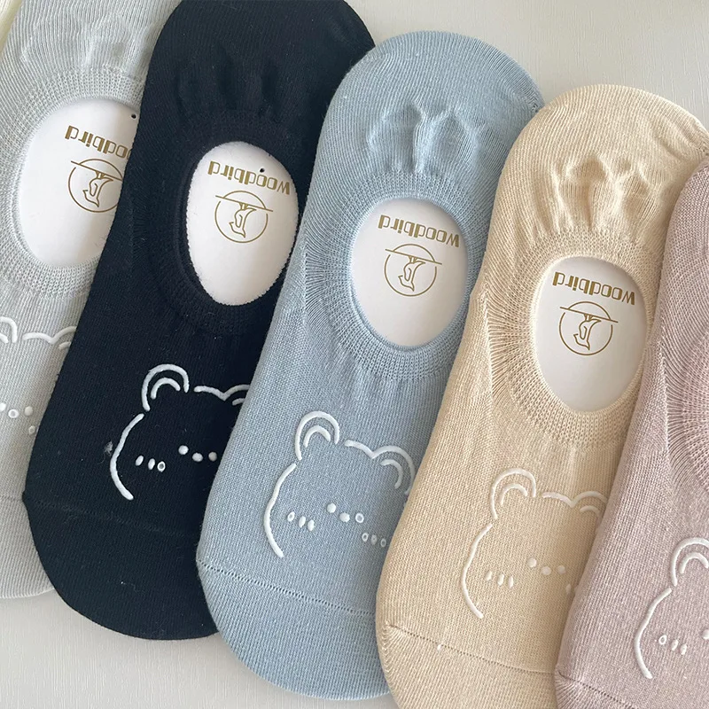 5 pares novo kawai meias femininas verão bonito japonês moda urso dos desenhos animados engraçado meias de algodão macio curto antiderrapante