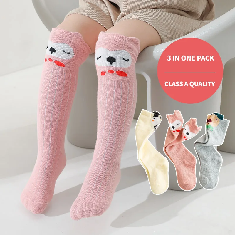 

3 Pairs Baby Girls Boys Knee High Socks Cute Cartoon Bear Animals Pattern Cotton Solid comfortable Stockings For Baby Kids