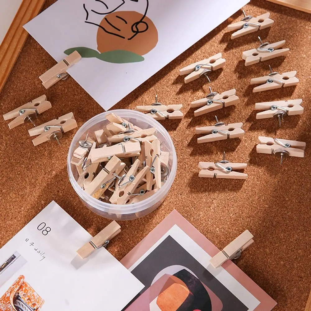 20Pcs/Box Creative Wooden Clip Push Pins DIY Reusable Pushpins with Clips with Box Durable Blackboard Push Pins Wall Markers