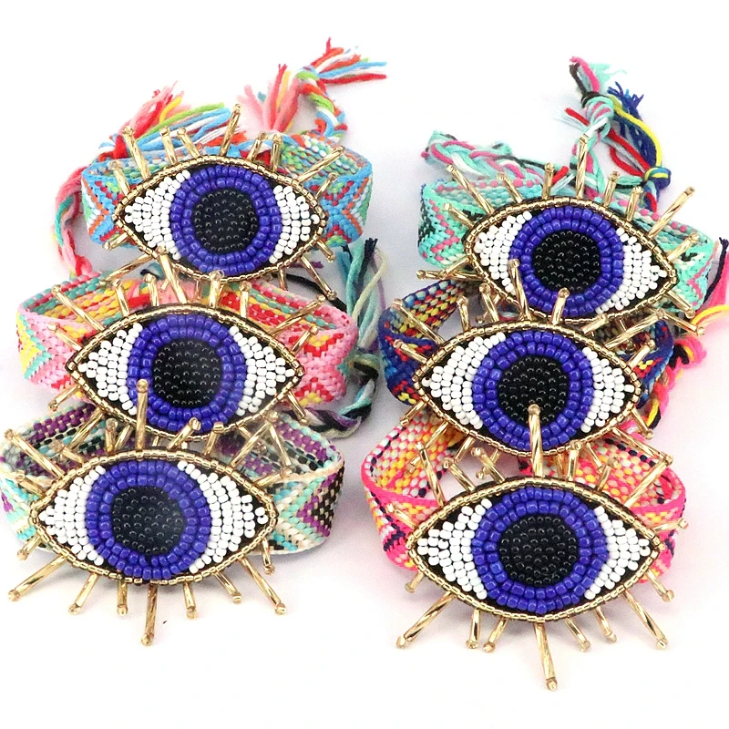 5Pcs 2023 New Bohemia Creative Blue Eyes Charms Bracelet Handcraft  Wide Adjustable Cotton Wave Tassel Jewelry