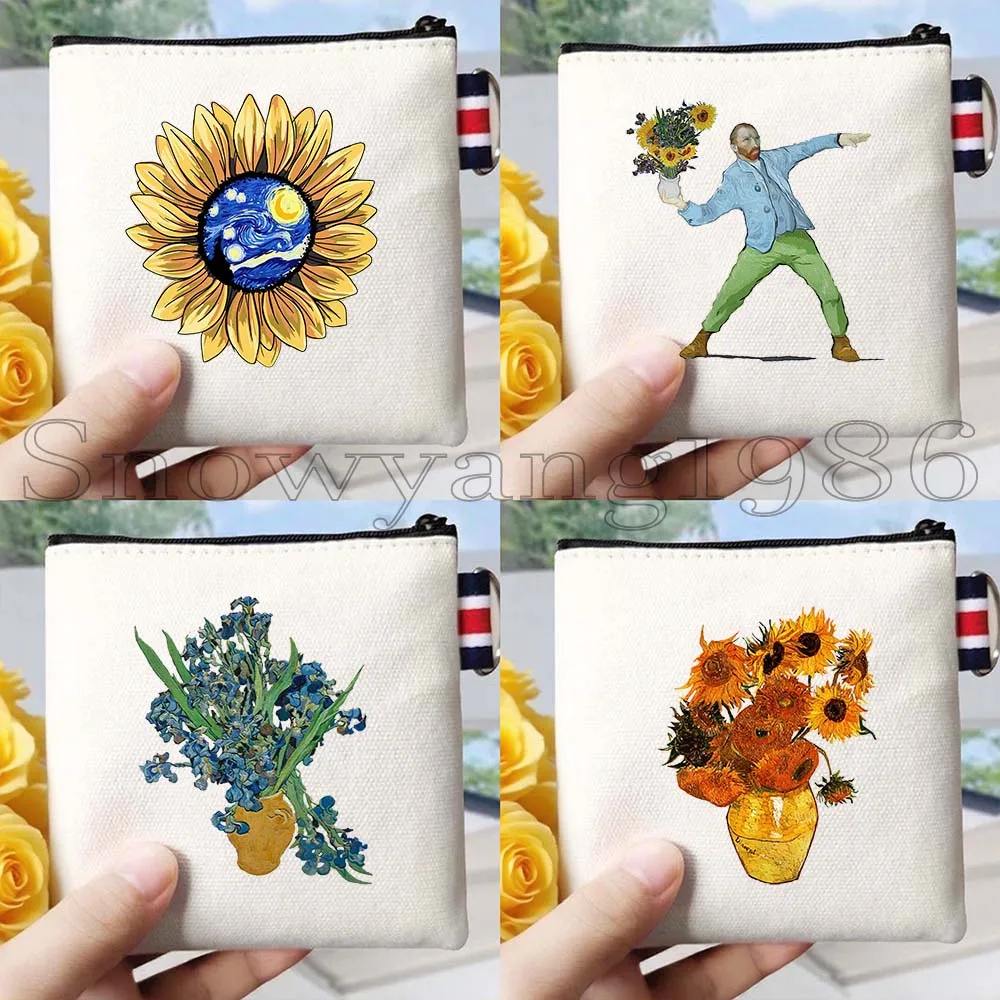 

4PCS Van Gogh Painting Aesthetics Sunflower Vincent Van Gogh's Starry Night Iris Grunge Canvas Key Coin Purse Bag Wallet Pouch