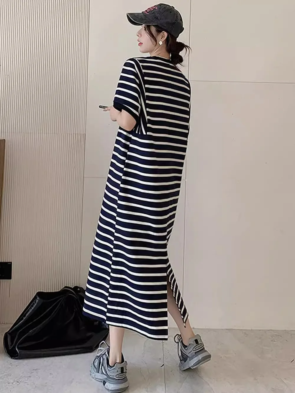 فستان نسائي كوري صيفي جديد من فيستدوس رداء Elbise فضفاض مقاس كبير من القطن بأكمام قصيرة مخطط فساتين طويلة غير رسمية لمنتصف الساق #6