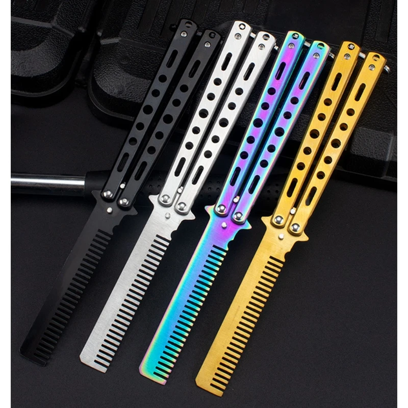 1Pc Outdoor Camping Practice Combs Foldable Butterfly Comb Knife Stainless Steel Modeling Tool for Beginner