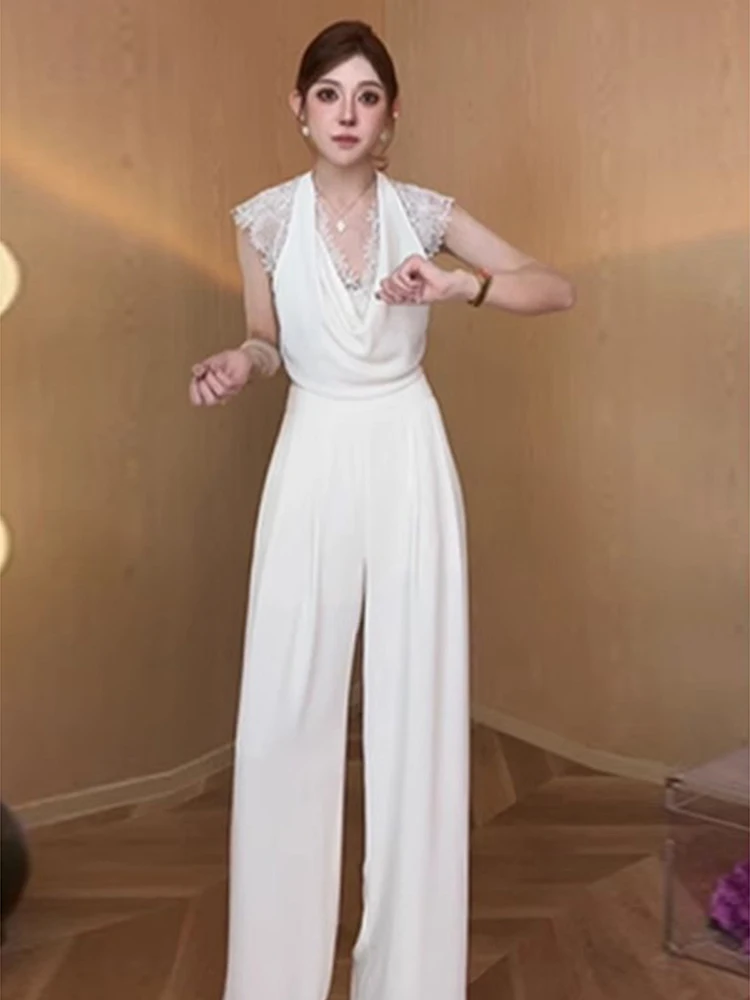 

Korean style commute casual jumpsuit women's 2025 summer new fashion high waisted temperament jumpsuit lace wide leg pants