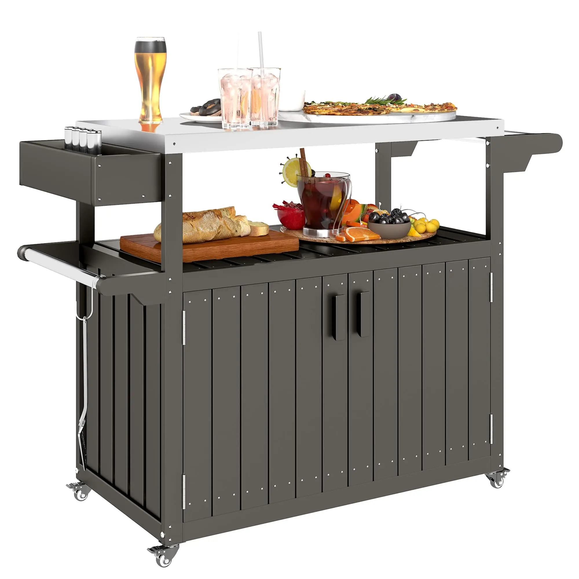 Outdoor Bar Cart with Storage Cabinet Kitchen Island Brown | Stainless Steel Top, on Wheels, HDPE Outdoor Bar Table
