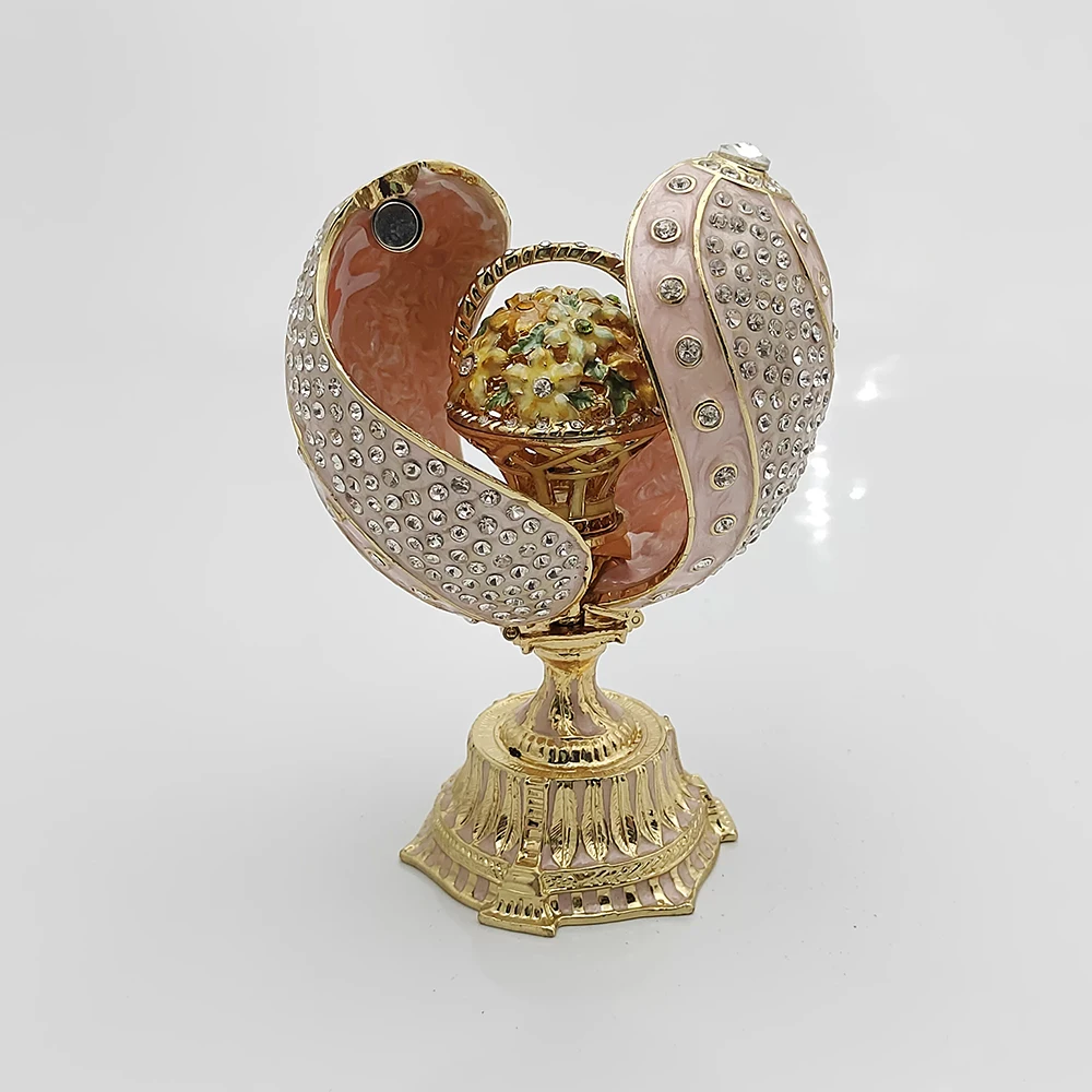 Faberge Enamel Egg Jewelry Trinket Box Crystal Decorative Egg Vintage Royal Easter Flower Basket Mother's Day Gift for Women