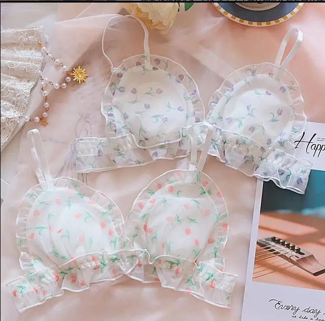 Lolita romantic tulip bra Japanese girl underwear lace mesh breathable rabbit ear cup comfortable small chest thin bralette