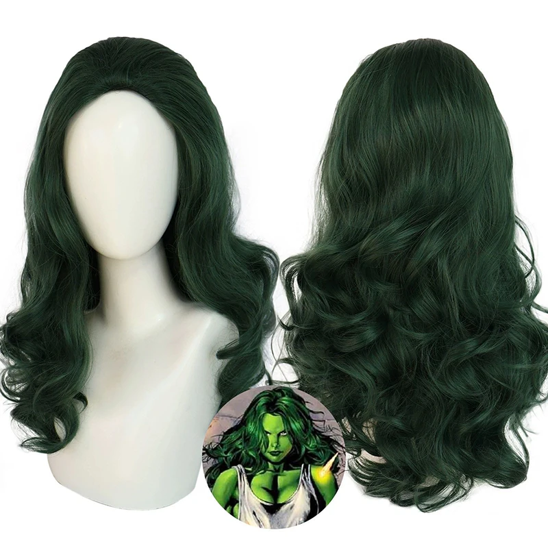 

She-Hulk Дженнифер Фильм Косплей Парик Вьющиеся Темно-Зеленые Женские Длинные Человеческие Волосы Повседневная Одежда Фестивальная Вечеринка Высокотемпературные Шелковые Парики