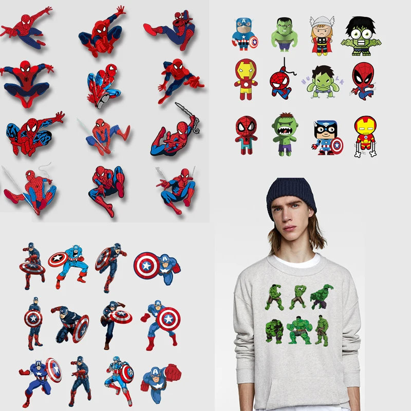 Marvel Spiderman Hulk Avengers Heat Transfer Stickers Patches for Clothing Men Kids DIY T-shirt Hoodies Accessory Custom Decor