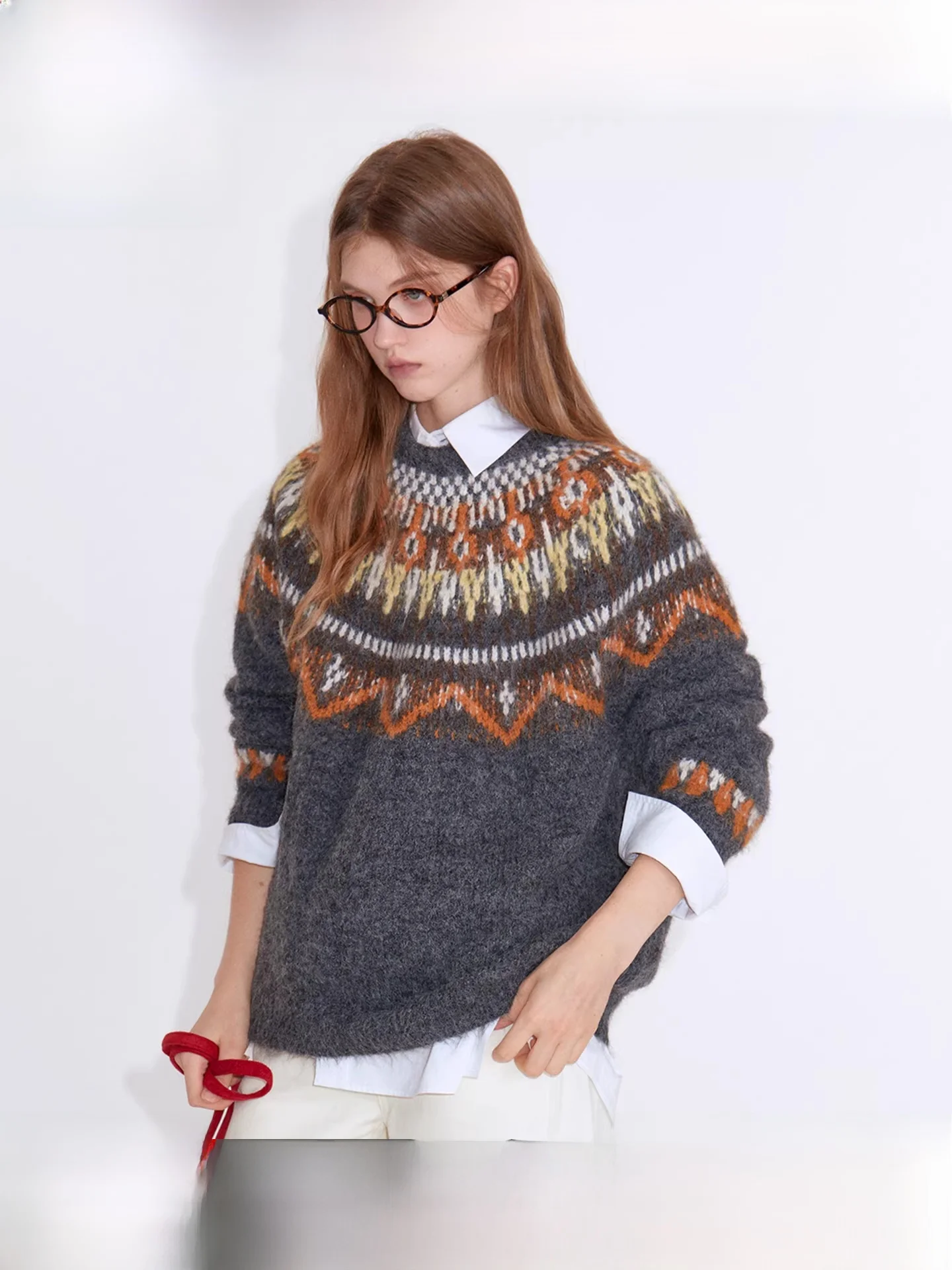 

Fano Women's round Ne Knitwear Fair Isle Motif Wool Blend Yarn Winter Aosphere Feel Casual Comfortable Loose Fit Long Sle...