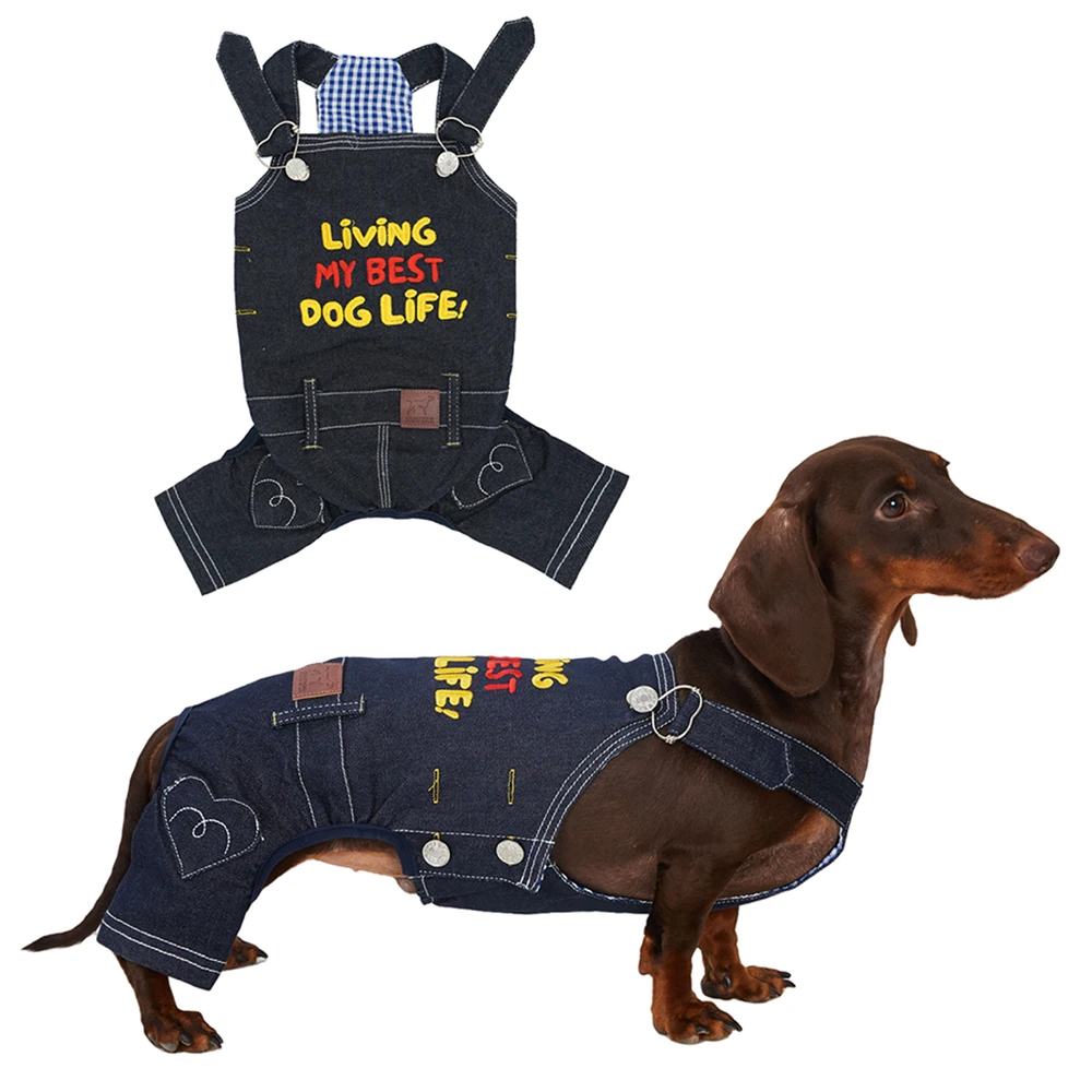 Peto vaquero vintage japonés azul con bordado para perro salchicha