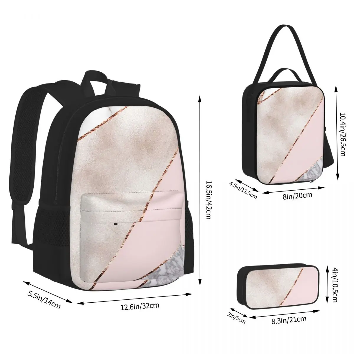 Spliced Mixed Rose Gold Marbl Backpacks Children Bookbag School Bags Rucksack Lunch Bag Pen Bag Three-Piece Set