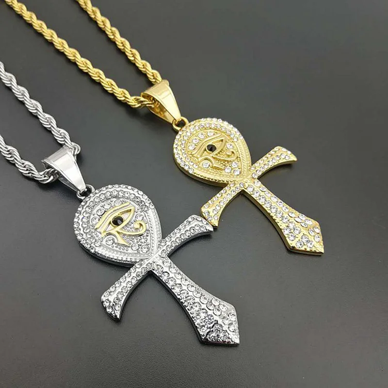 

Хип-хоп стразы с покрытием Bling Iced Out из нержавеющей стали Horus Eye Анк крест подвески ожерелья для мужчин рэпер ювелирные изделия