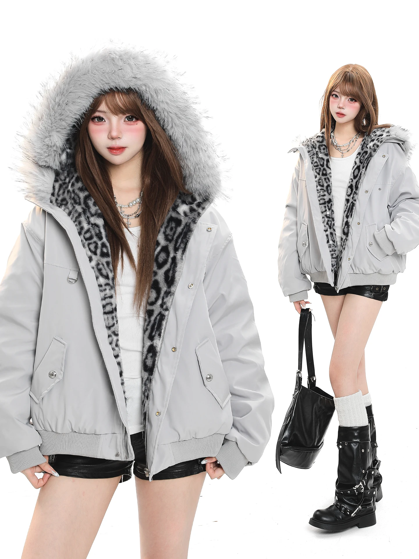 

Retro American Sle Women's Thiened Hooded Zipper Coat Leopard Print Cotton Jaet Winter New Loose Fit Fur Collar Coat