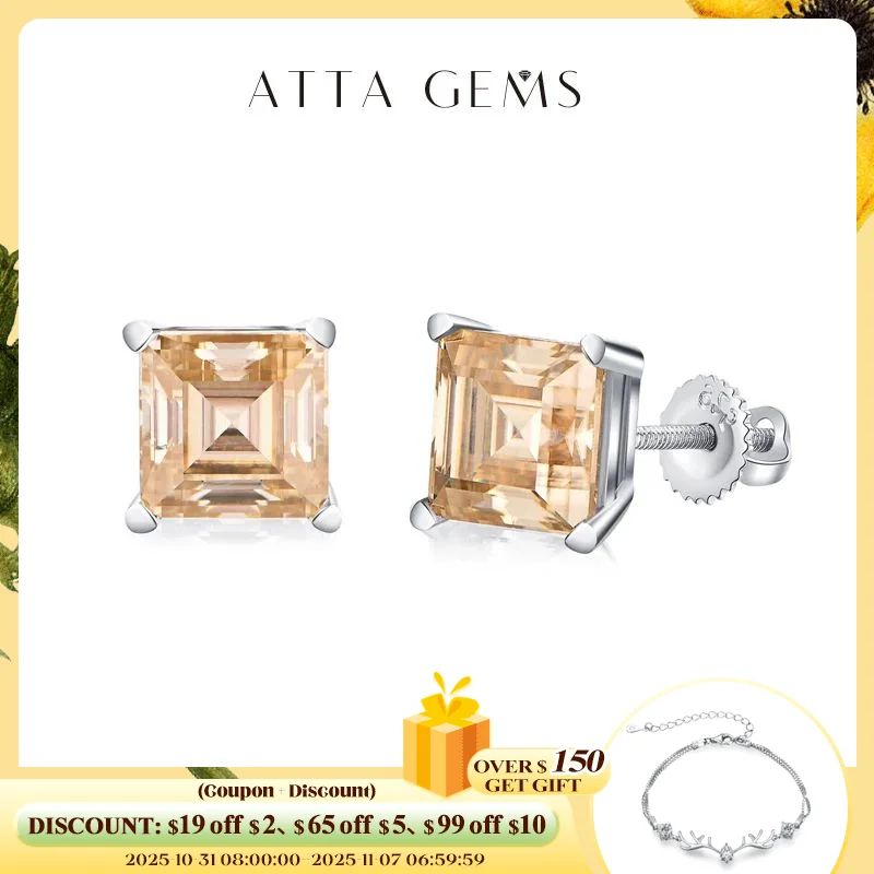 

ATTAGEMS Silver 925 Earring Yellow Moissanite Screw Back Stud Square Stud Earrings For Women Princess Cut 5*5MM Jewelry 귀걸이