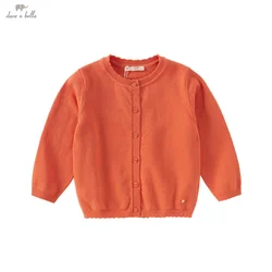 Dave Bella Girls' Sweater Cardigan 2025 Spring Comfortable Casual Sweet Cute Children's Cotton knitted Orange Sweater DB1252582