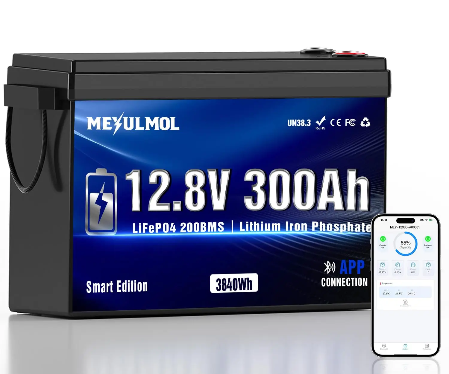 12V 300Ah LiFePO4 Battery, 200A BMS, 15000+ Cycles, 3840Wh Low-Temp Protection for RV Marine Solar Camping, Customized