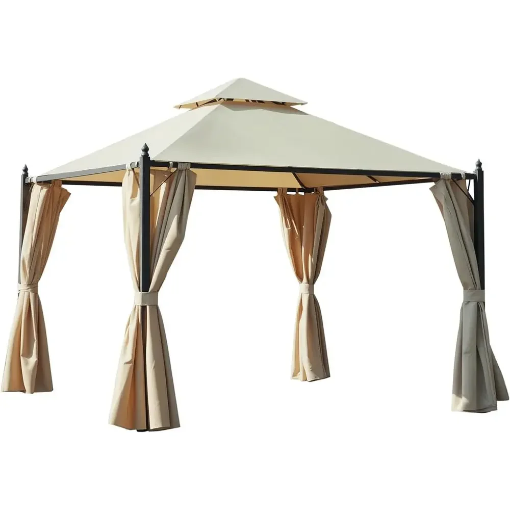 10' x 10' Large Steel Patio Gazebo with Polyester Curtains and Two-Tier Roof
