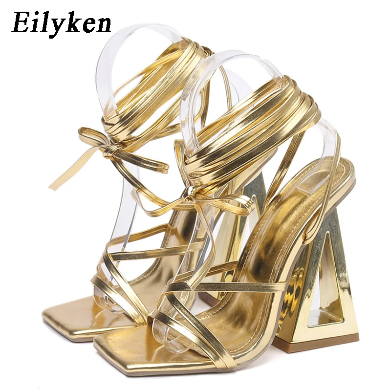 Eilyken Size 35-42 Golden Party Square Toe Woman Sandals 2024 Fashion Ankle Lace-up Fretwork High Heels Female Shoes