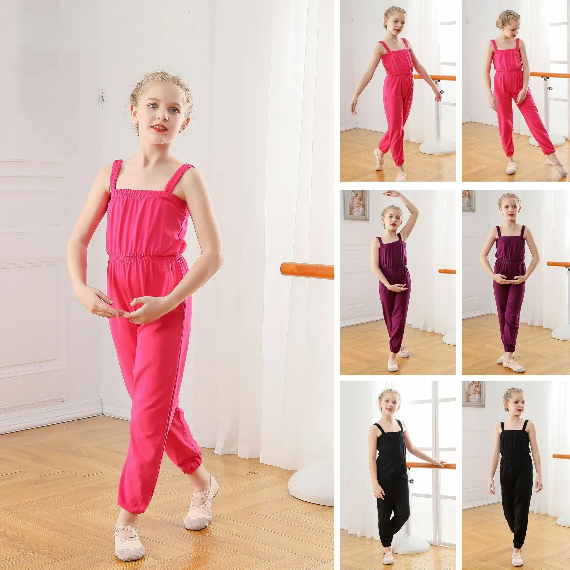 

Children Dance Overalls Suspenders jumpsuit Women Gymnastics Cotton Sport Pants for Girls Test Grade Dance Practice Clothing