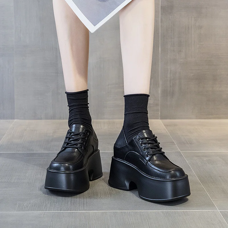 CICIYANG Girl Shoes British Style Loafers Genuine Leather 2024 New Spring Shoes Black White Lace-up Thick-soled High Heels Women
