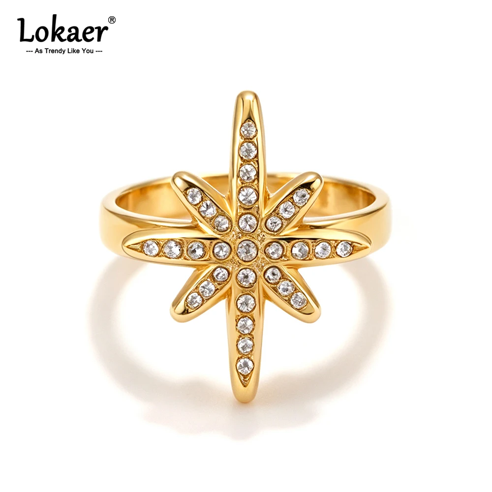 Lokaer Stainless Steel Eight Pointed Star Zircon Ring for Women Gold Plated North Star Statement Adjustable Rings Jewelry R26049