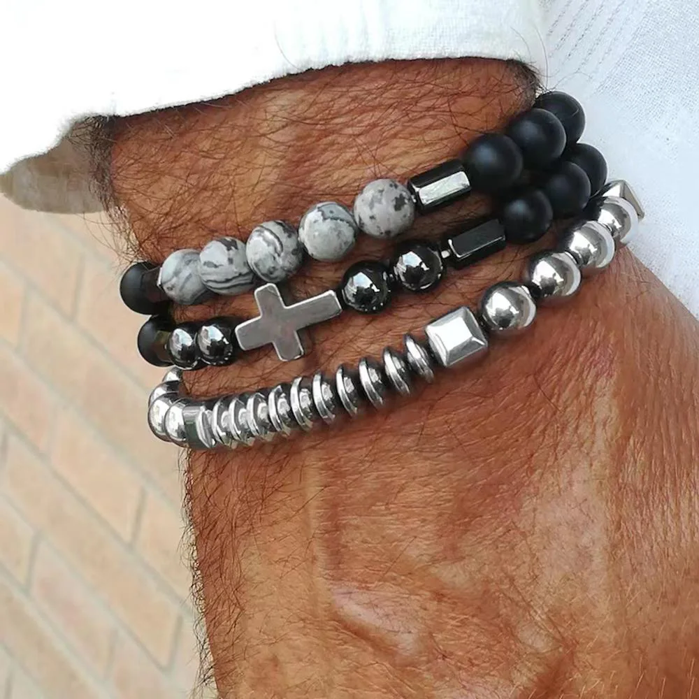 Pulsera cruzada de hematita de piedra de roca volcánica de Lava esmerilada negra Vintage para hombres regalos de joyería de moda