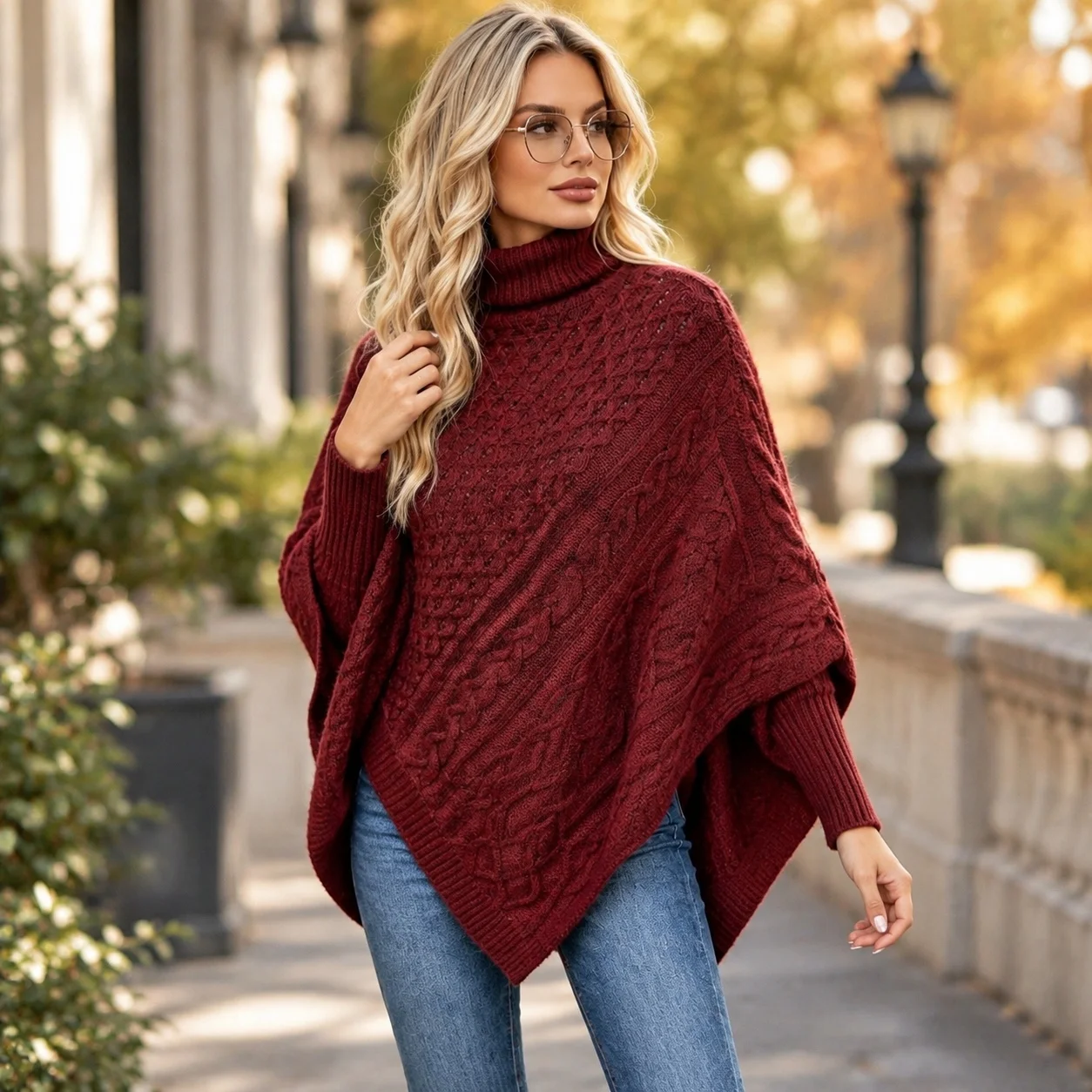 Turtleneck Pullover Cape Mid Long Length Commuter Chic with Twisted Cable Thick Batwing Sleeve Intellectual Winter Women Sweater