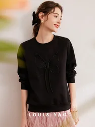 LOUIS YAO 2025 Three-dimensional Embroidery Combined with Handmade Knot Decoration Round Neck Long Sleeved Women's Hoodie