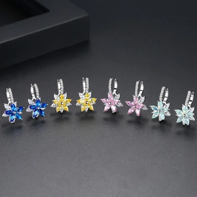 Luxury Cubic Zircon Easy Wear Lovely Geometric Flower Milticolor Stud Earrings for Women Temperament Party Fashion Jewelry