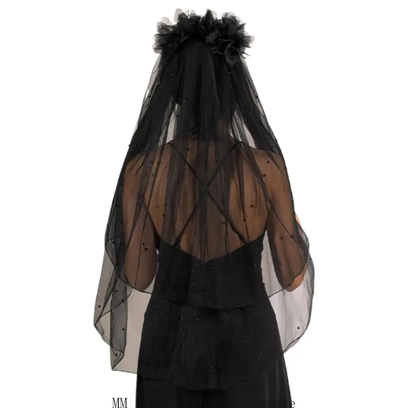 

Delicate Black Flower Wedding Veil Two Layer Mesh Bridal Veil Hair Accessory For Special Occasion and Formal Event
