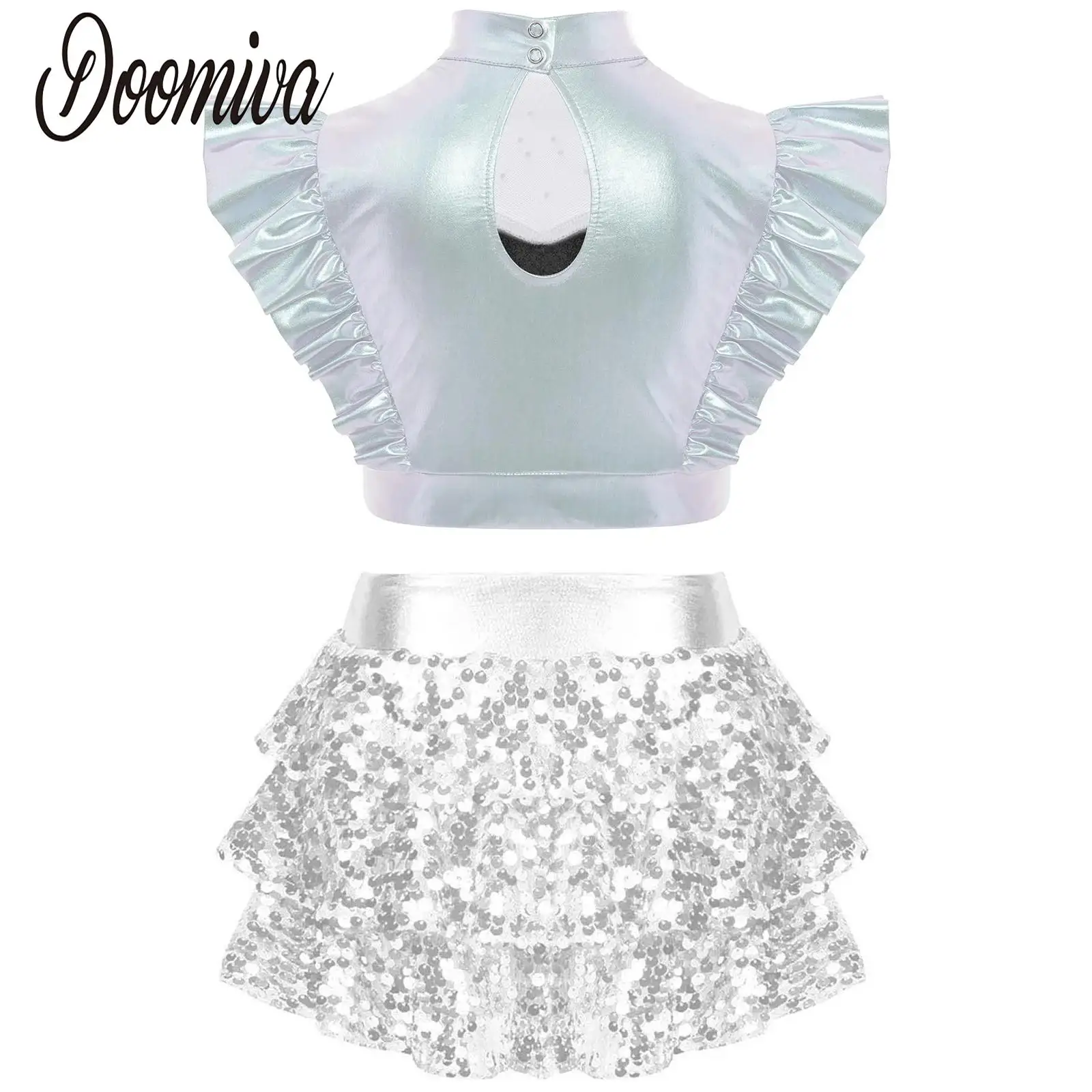 Children Girls Jazz Modern Dance Outfit Show Costume Sequin Shiny Crop Top with Tiered Unitard Skirted for Cheerleading Costumes