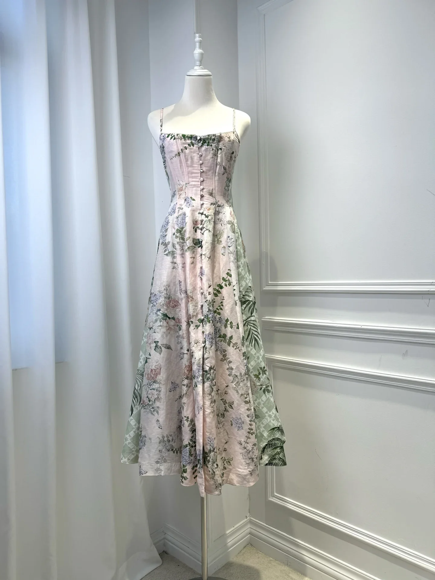 

Pink Floral Leaf Print Sleeveless Pleat Midi Dress 2025 Silk Linen