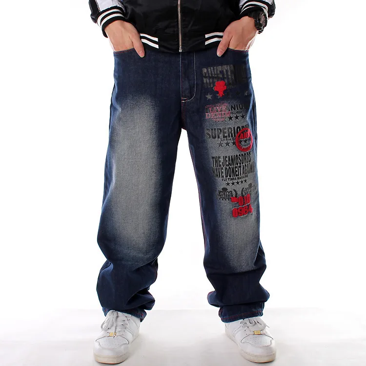 European and American trend hip-hop jeans plus size men's clothing HIPHOP street dance washed embroidery loose casual