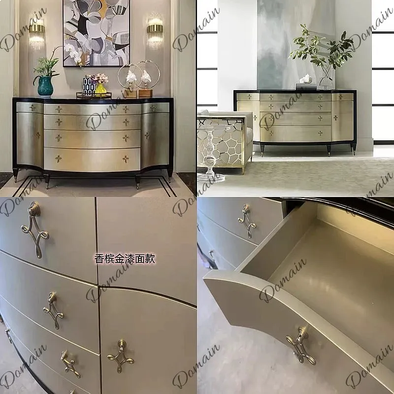American Luxury Solid Wood Champagne Gold Foyer Chest Modern Minimalist Gold Leaf Custom Decor