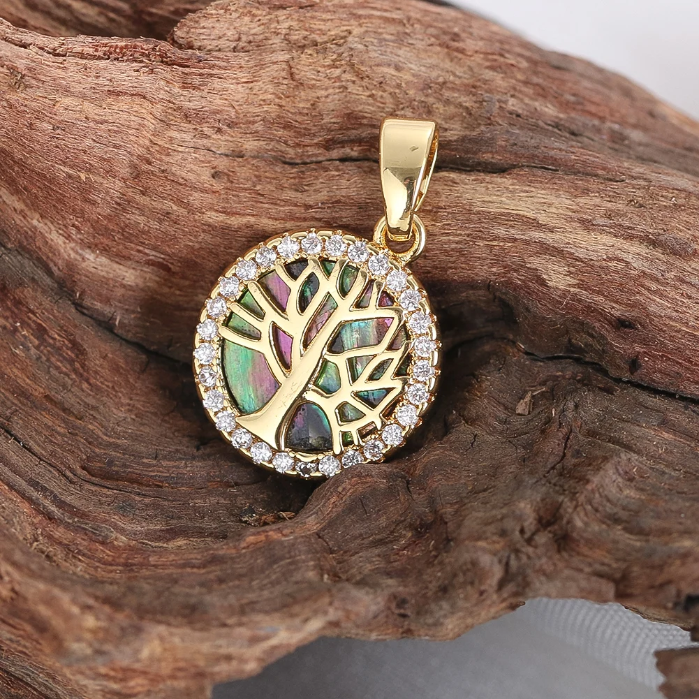 Natural Abalone Shell Tree of Life with Zirconia Necklace Pendant Charm for Jewelry Making Ladies Necklace Bracelet Accessories