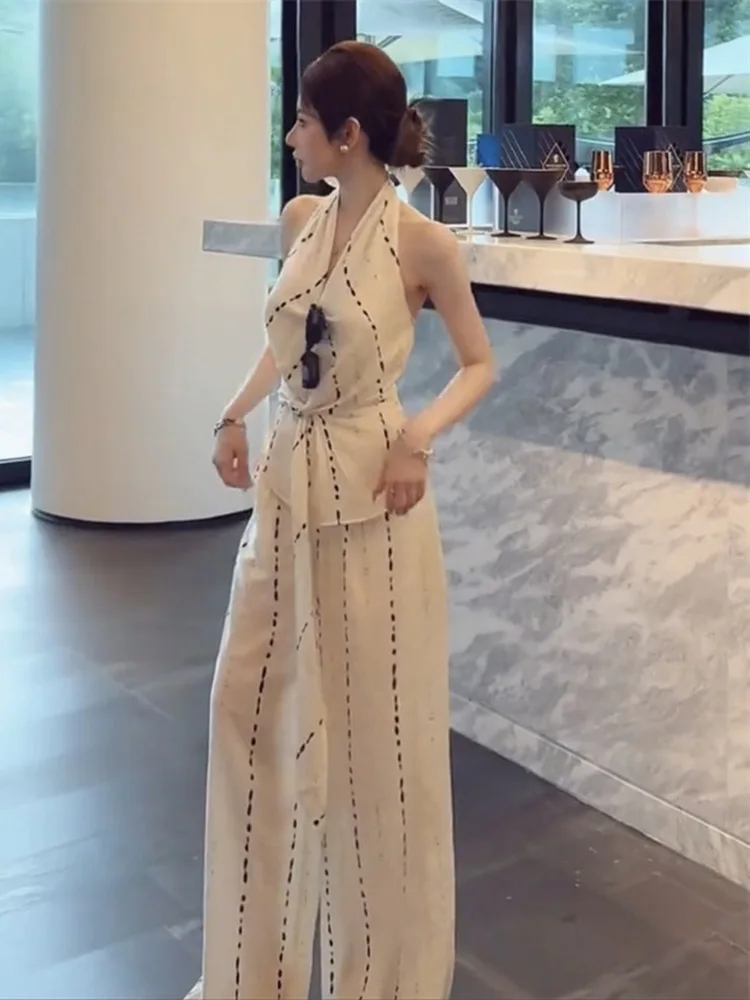 

2025 Summer New Sexy Spicy Girl Pure Desire Hanging Neck V-neck Backless Lace-up Tank Top+Wide Leg Pants Fashion Casual Set